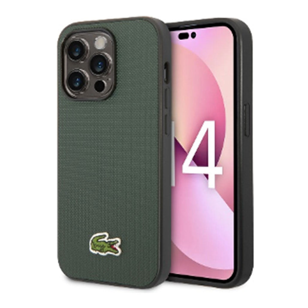 A Photo Of Lacoste Hard Case Iconic Petit Pique PU Woven Logo Estragon for iPhone 14 Pro