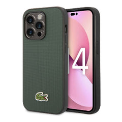 A Photo Of Lacoste Hard Case Iconic Petit Pique PU Woven Logo Estragon for iPhone 14 Pro