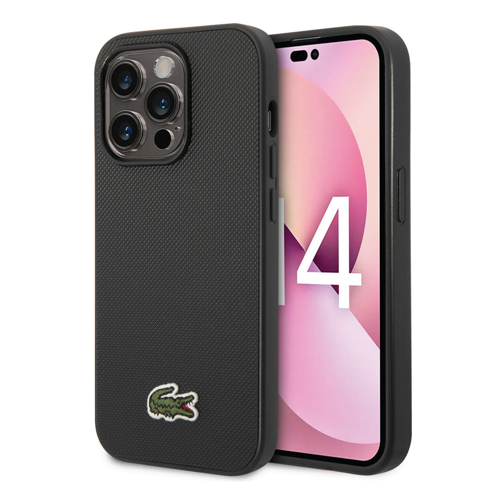 A Photo Of Lacoste Hard Case Iconic Petit Pique PU Woven Logo Estragon for iPhone 14 Pro