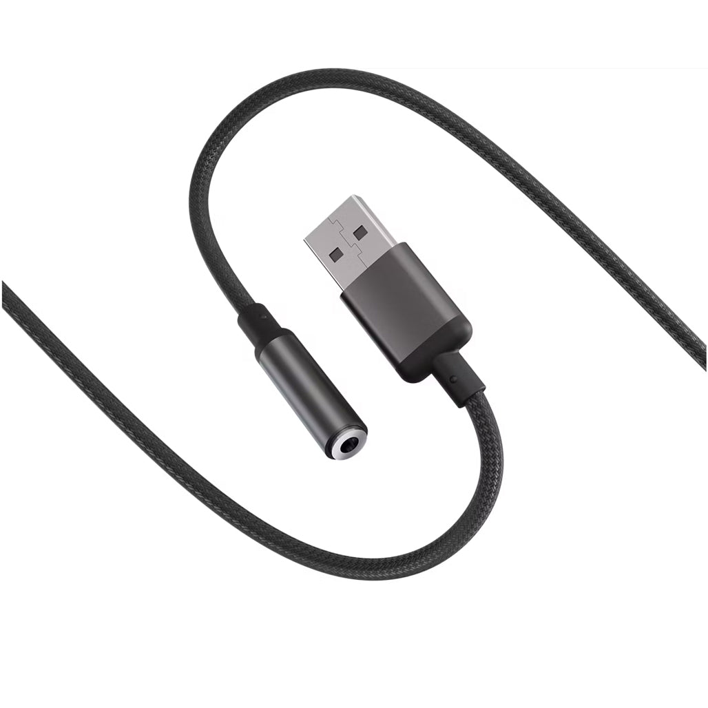 A Photo Of Porodo Audiolink Female 3.5mm Audio Jack to USB-A Adapter | 10cm Cable Length - Black Color | (PDCBL0041BK)