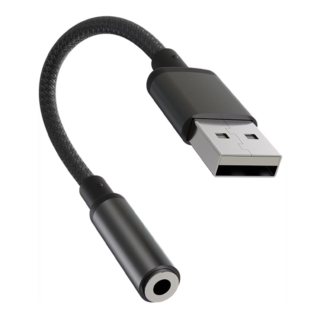 A Photo Of Porodo Audiolink Female 3.5mm Audio Jack to USB-A Adapter | 10cm Cable Length - Black Color | (PDCBL0041BK)