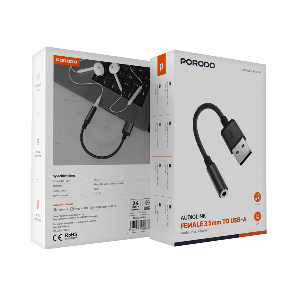 A Photo Of Porodo Audiolink Female 3.5mm Audio Jack to USB-A Adapter | 10cm Cable Length - Black Color | (PDCBL0041BK)