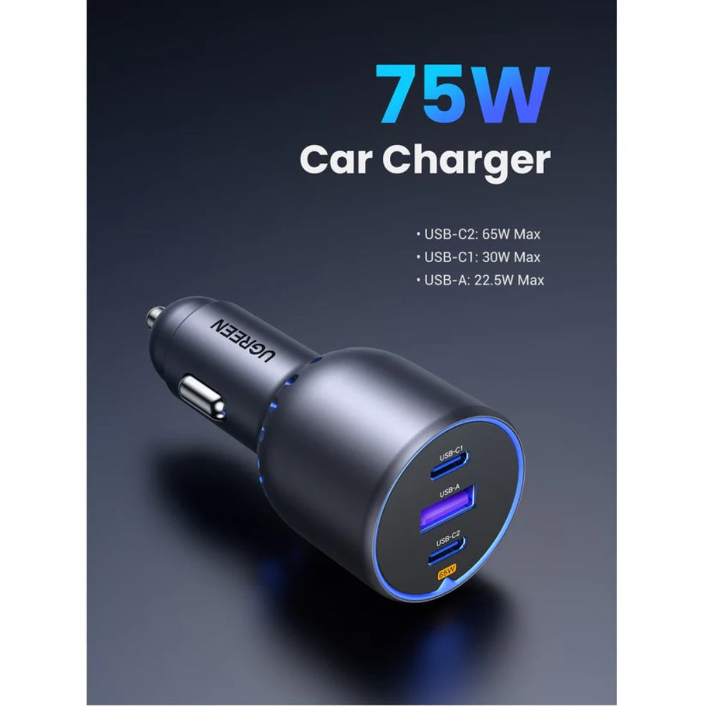 A Photo Of Ugreen 75W Dual Type-C 1x USB Ports Metal Car Charger - 35024