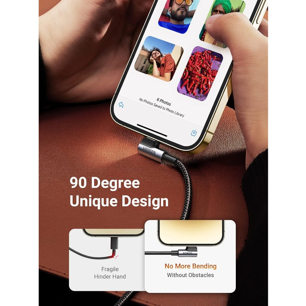 A Photo Of Ugreen USB-C to Angled Lightning Braided Cable – MFi Certified Fast Charging