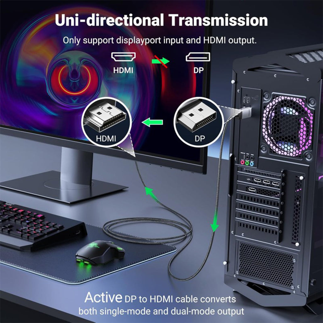 A Photo Of UGREEN DisplayPort to HDMI Cable 4K 60Hz – High-Performance DP to HDMI Adapter for Smooth Video & Audio Transmission