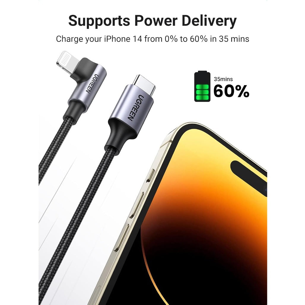 A Photo Of Ugreen USB-C to Angled Lightning Braided Cable – MFi Certified Fast Charging