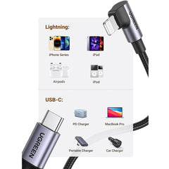A Photo Of Ugreen USB-C to Angled Lightning Braided Cable – MFi Certified Fast Charging