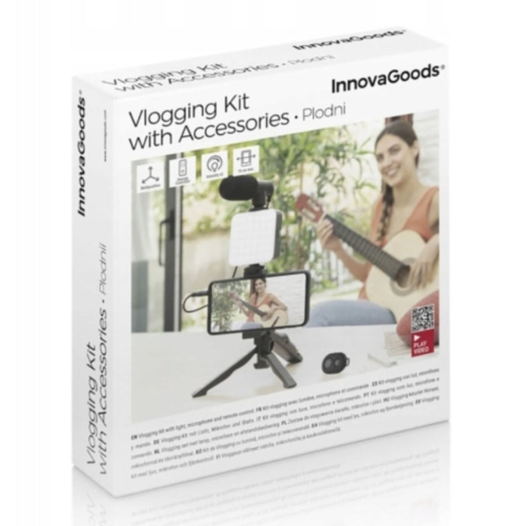 A Photo Of Innovagoods Plodni - Vlogging Kit with Light, Microphone and Remote Control - 6 Pieces - V0103587