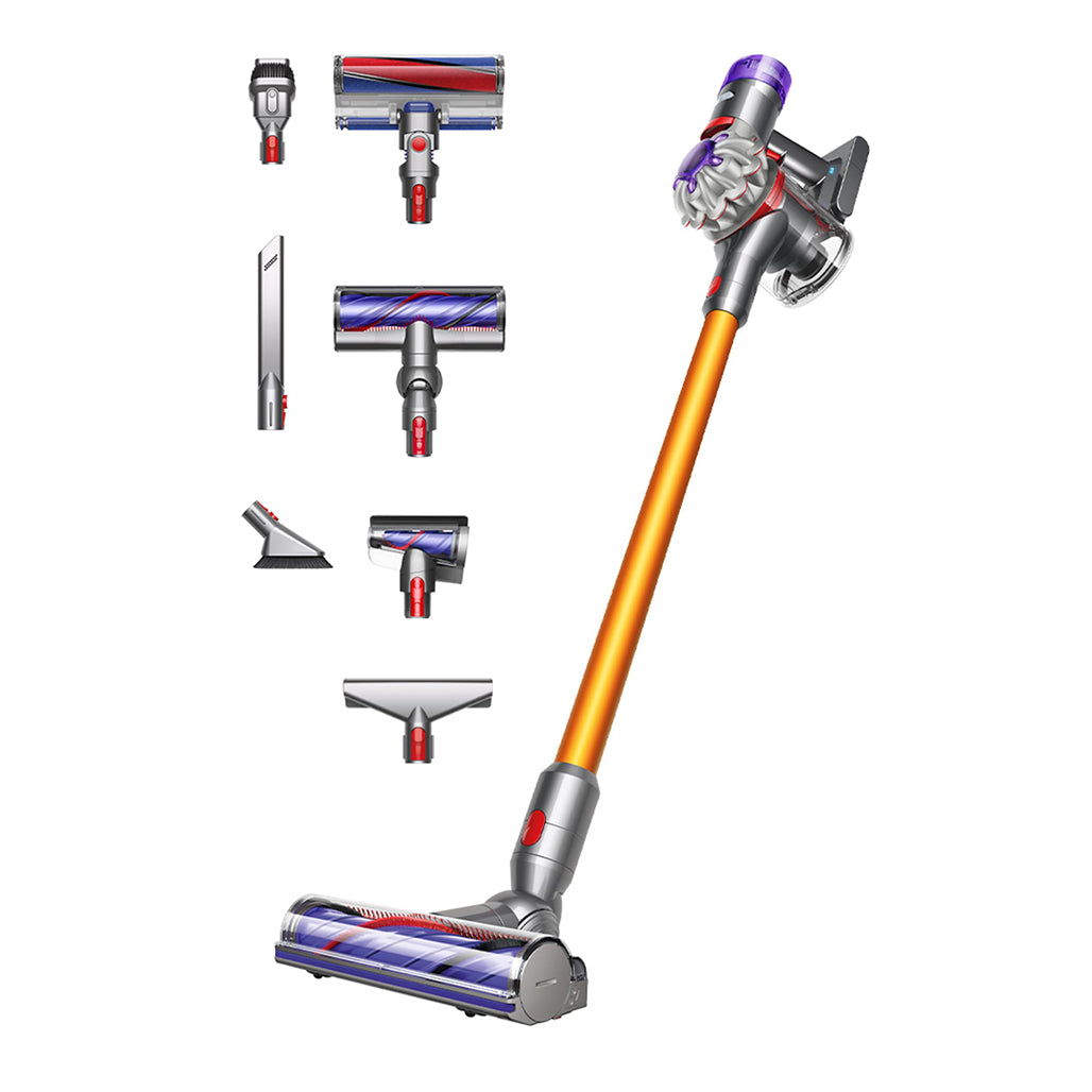 A Photo Of Dyson V8™ Absolute Vacuum Cleaner in Nickel and yellow – Powerful, Versatile, and Low-Noise Cleaning Solution