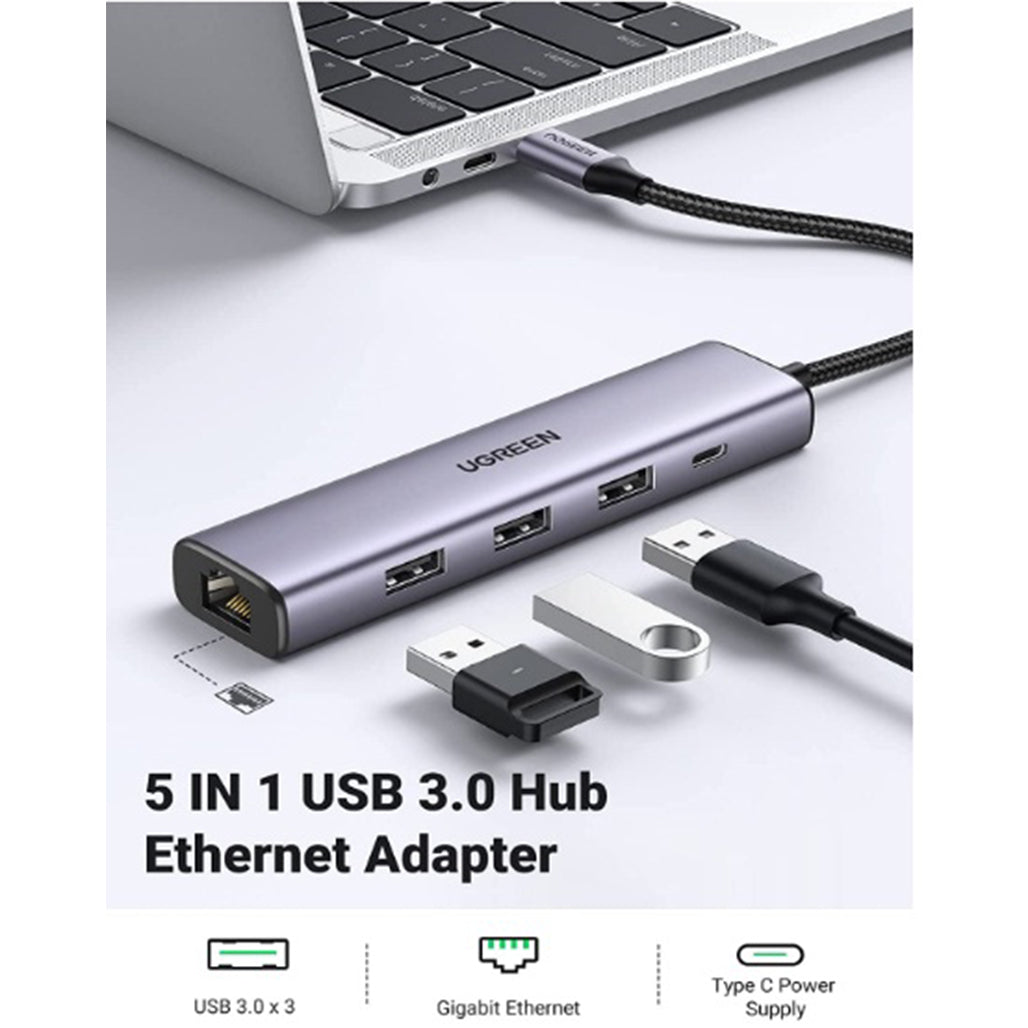 A Photo Of UGREEN 60554 USB 3.0 to Ethernet Adapter – 5-in-1 Multiport Hub with Gigabit Ethernet, 3 USB 3.0 Ports, and Type-C Power Supply