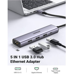 A Photo Of UGREEN 60554 USB 3.0 to Ethernet Adapter – 5-in-1 Multiport Hub with Gigabit Ethernet, 3 USB 3.0 Ports, and Type-C Power Supply