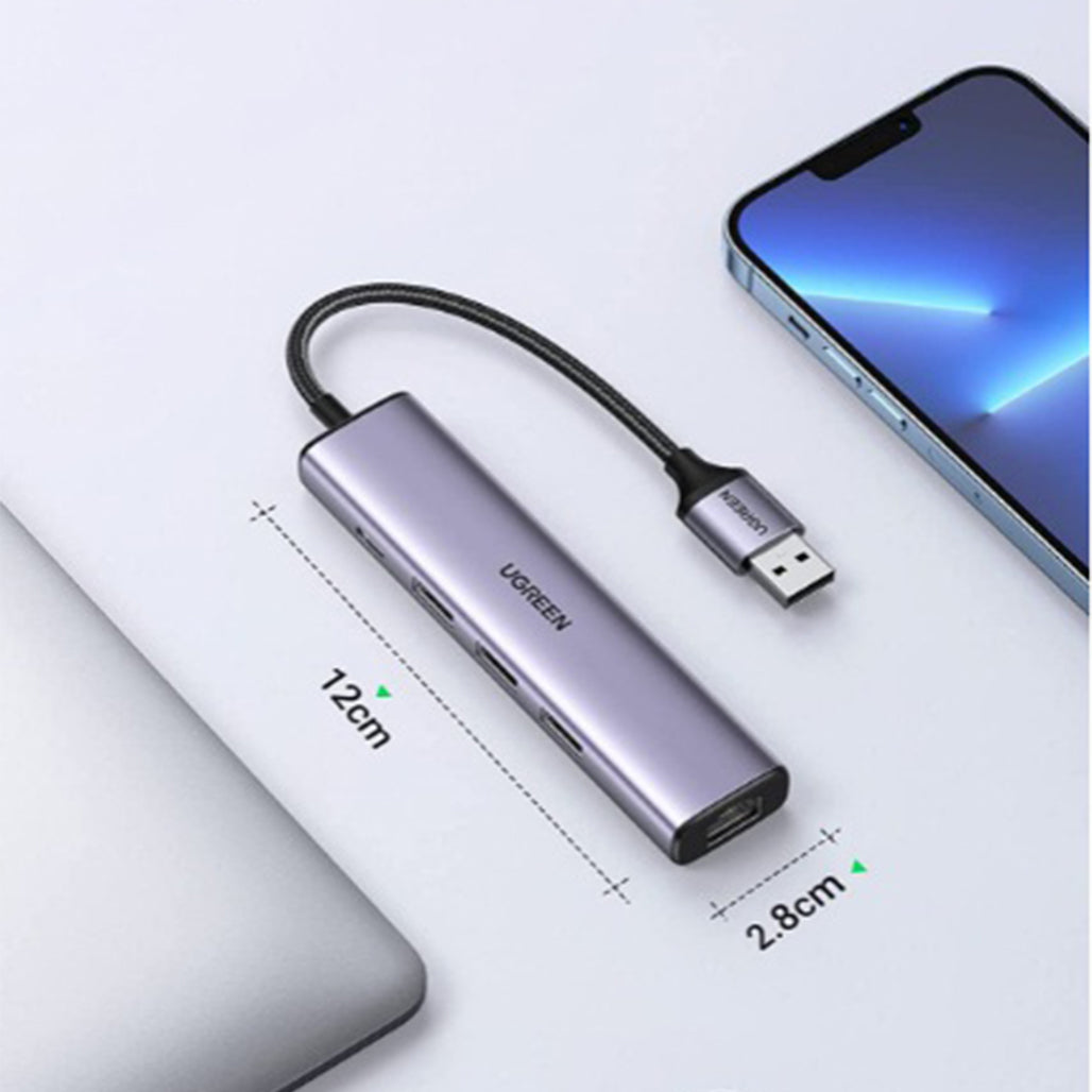 A Photo Of UGREEN 60554 USB 3.0 to Ethernet Adapter – 5-in-1 Multiport Hub with Gigabit Ethernet, 3 USB 3.0 Ports, and Type-C Power Supply