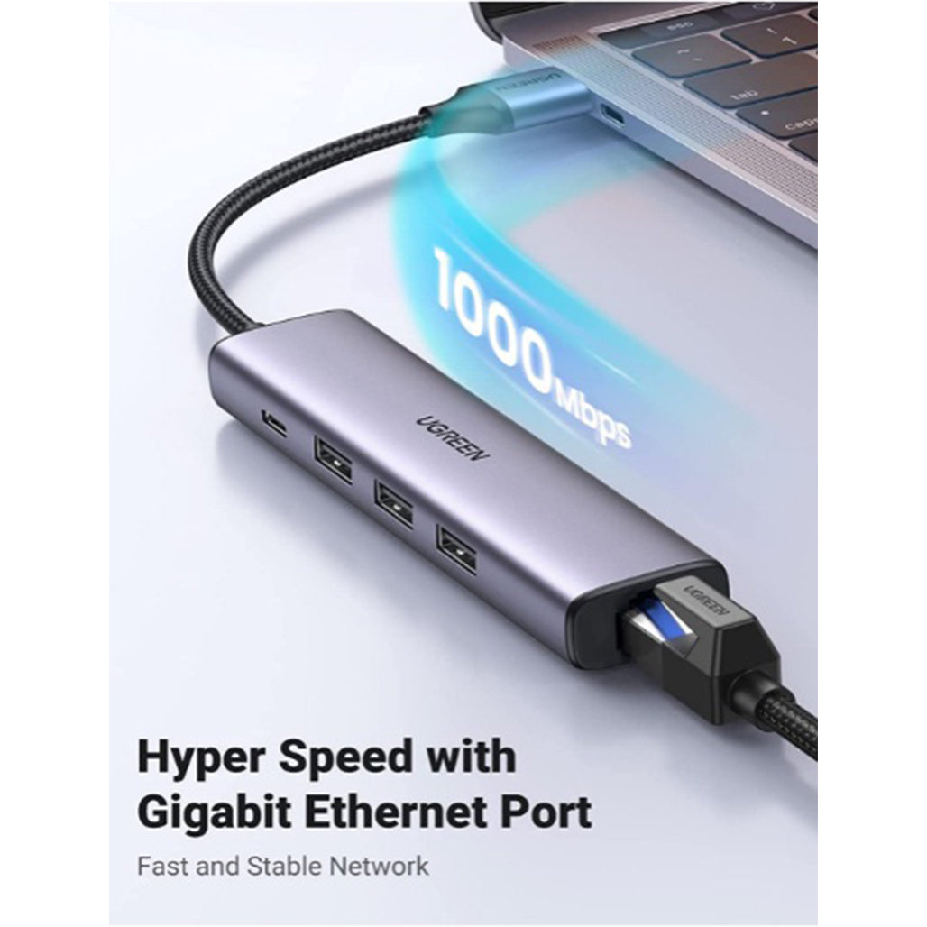 A Photo Of UGREEN 60554 USB 3.0 to Ethernet Adapter – 5-in-1 Multiport Hub with Gigabit Ethernet, 3 USB 3.0 Ports, and Type-C Power Supply