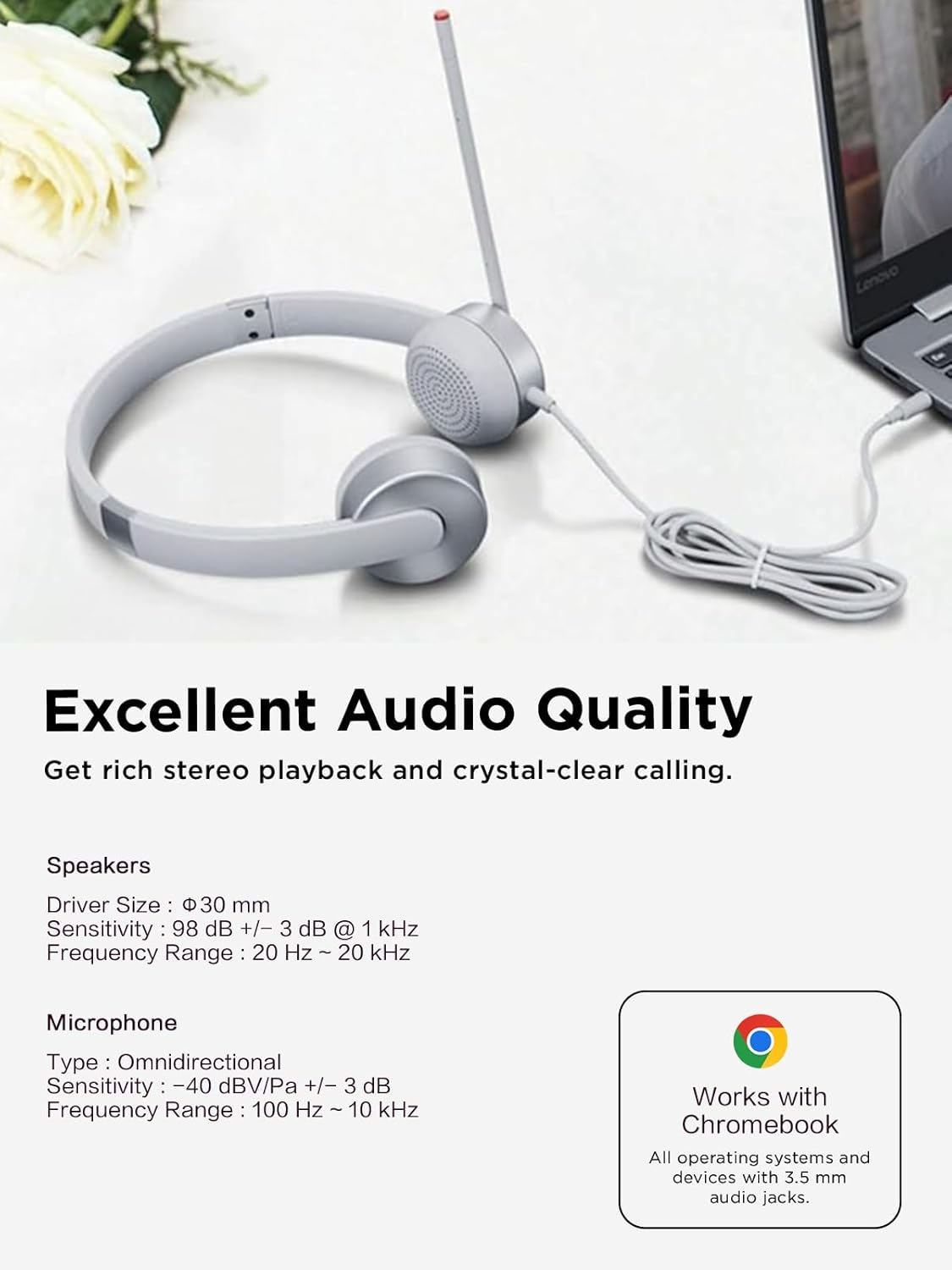 A Photo Of Lenovo 100 Stereo Analog Headset - Wired 3.5mm with 180° Rotatable Boom Microphone