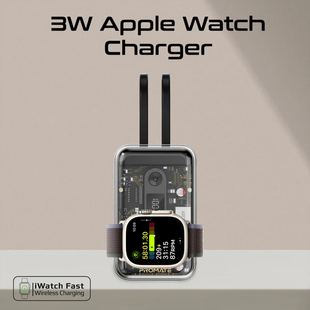 A Photo Of Promate 65W Multi-Device Charging Transparent Power Bank with Built-In USB-C & Lightning Cable