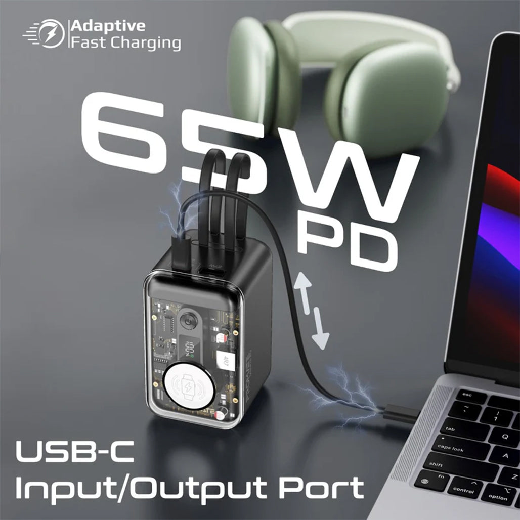A Photo Of Promate 65W Multi-Device Charging Transparent Power Bank with Built-In USB-C & Lightning Cable