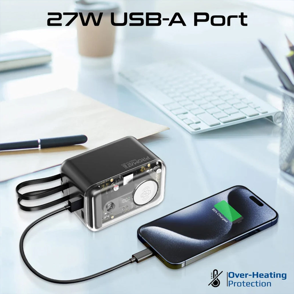 A Photo Of Promate 65W Multi-Device Charging Transparent Power Bank with Built-In USB-C & Lightning Cable