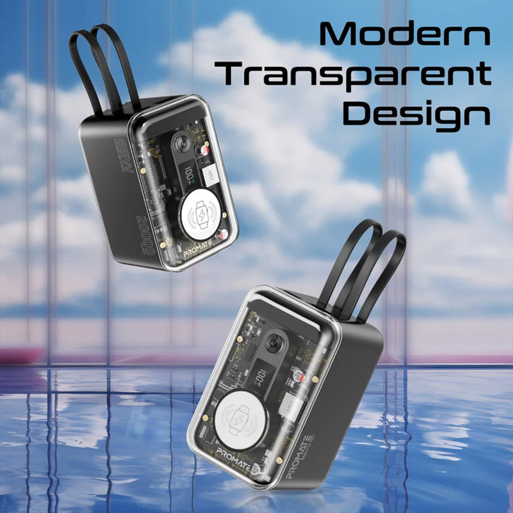 A Photo Of Promate 65W Multi-Device Charging Transparent Power Bank