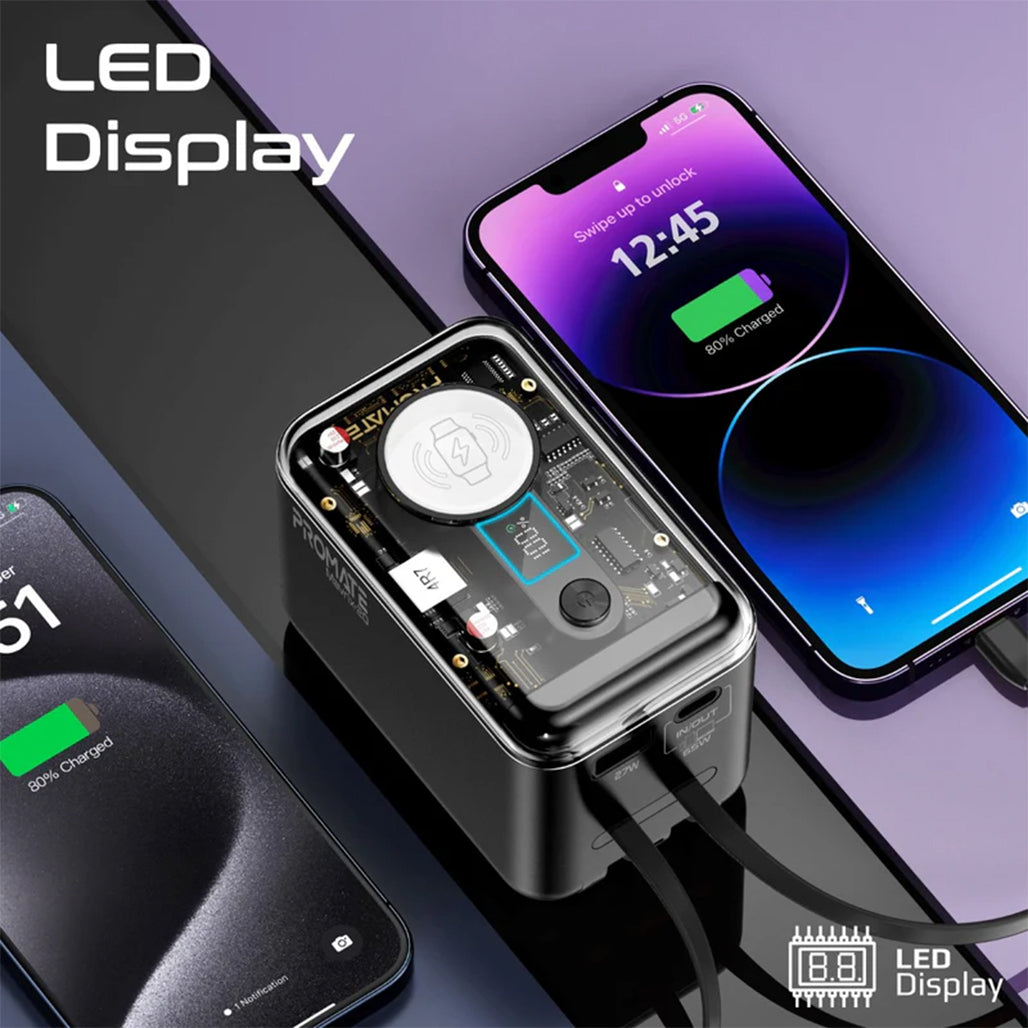 A Photo Of Promate 65W Multi-Device Charging Transparent Power Bank with Built-In USB-C & Lightning Cable