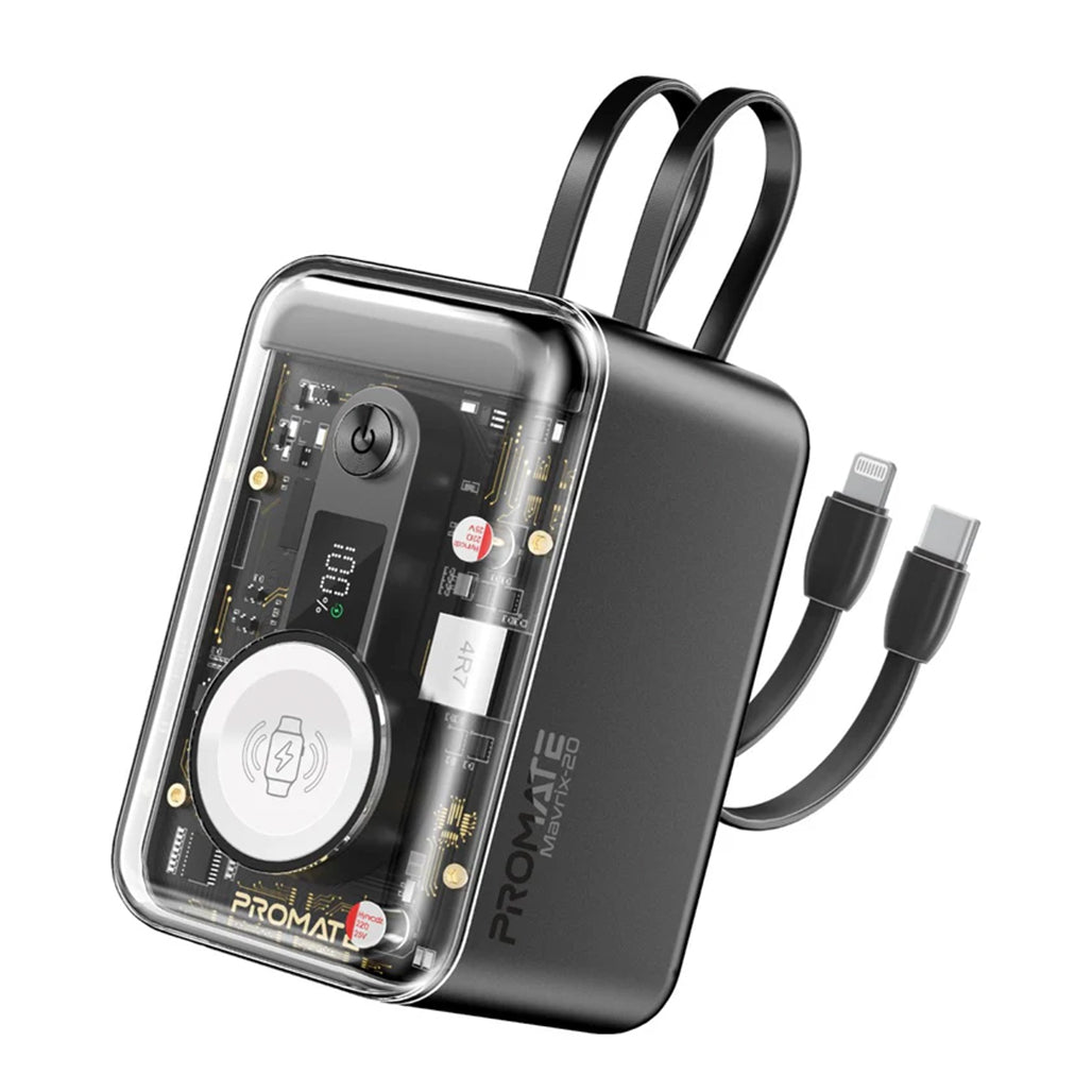 A Photo Of Promate 65W Multi-Device Charging Transparent Power Bank with Built-In USB-C & Lightning Cable