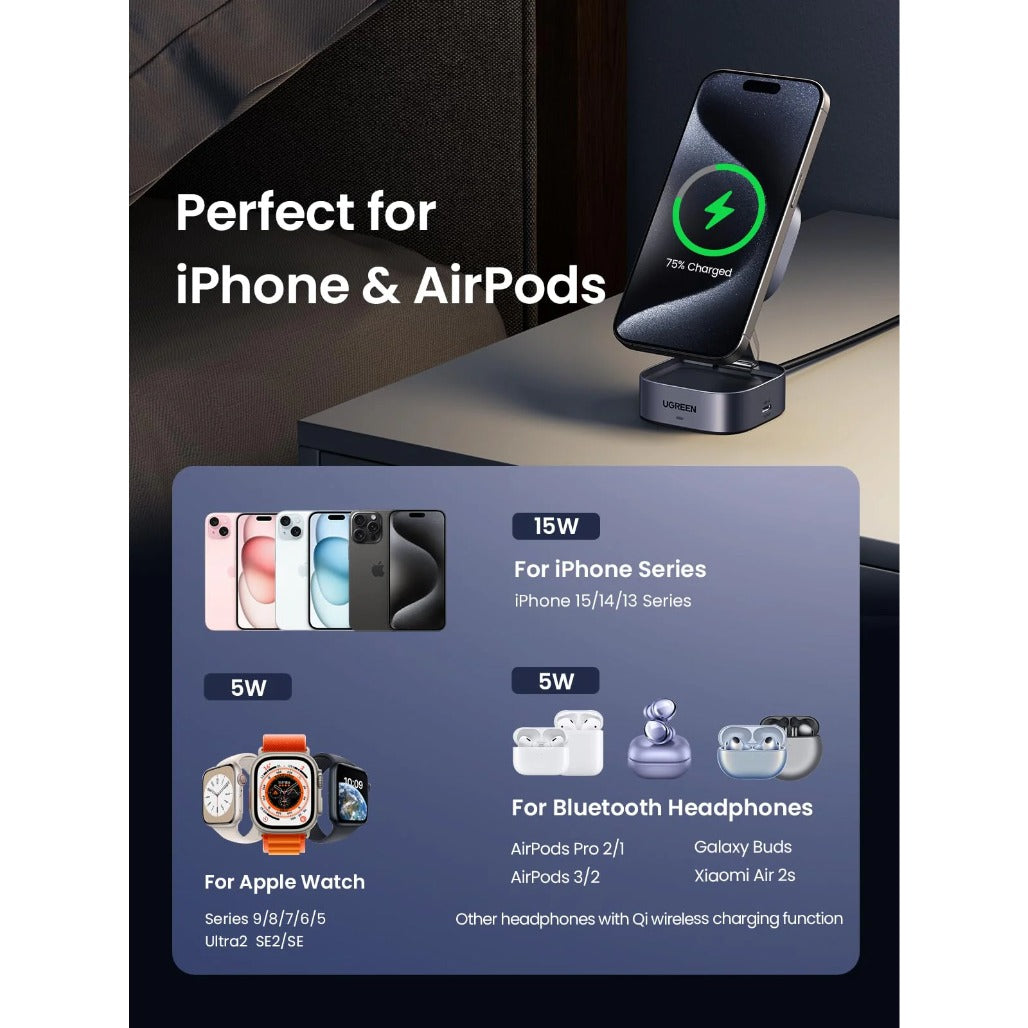 A Photo Of Ugreen 35316 MagFlow 2-in-1 Wireless Charger (Qi2 15W, MagSafe Compatible, Foldable)