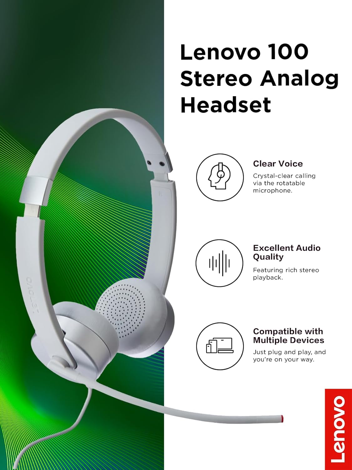 A Photo Of Lenovo 100 Stereo Analog Headset - Wired 3.5mm with 180° Rotatable Boom Microphone