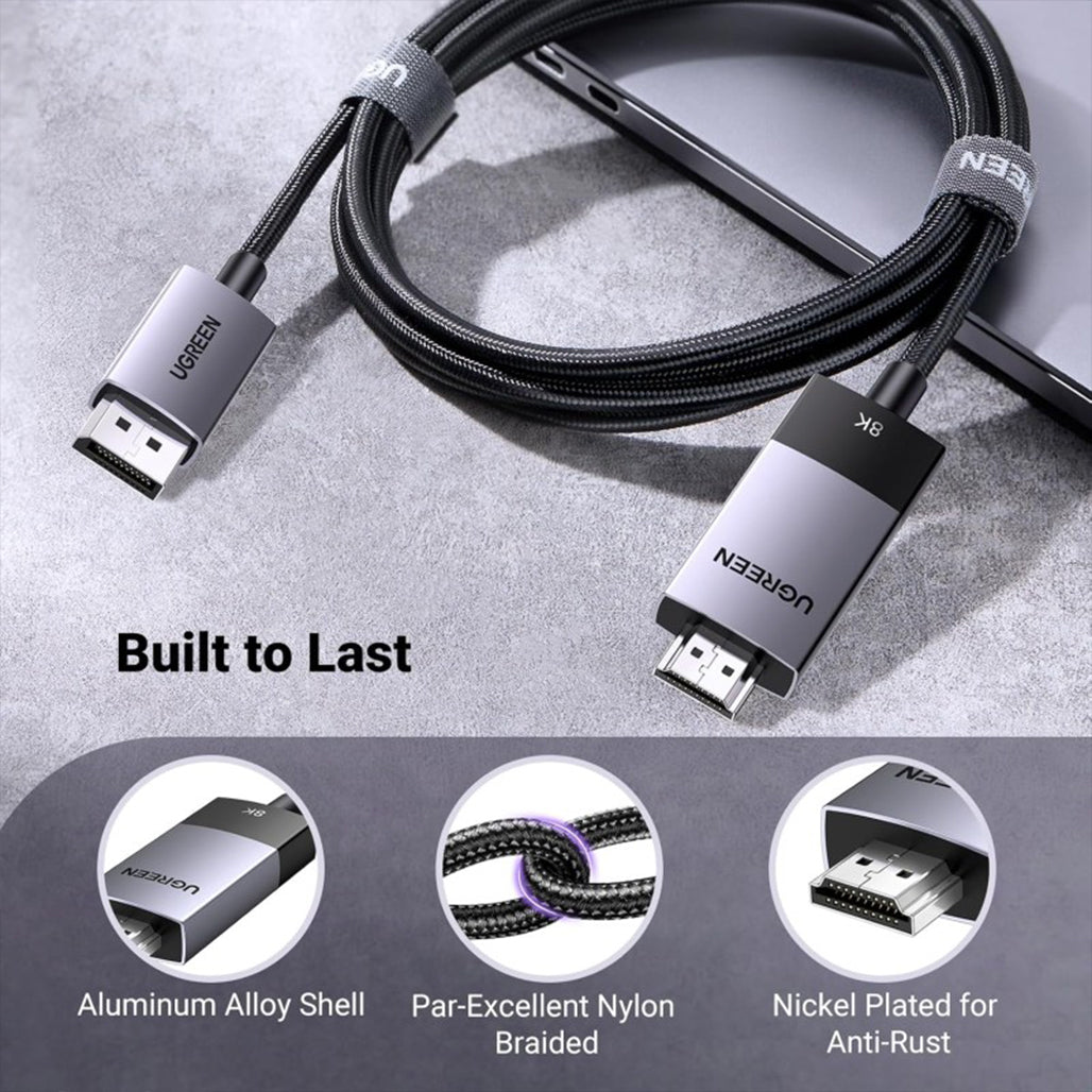 A Photo Of UGREEN 8K DisplayPort 1.4 to HDMI 2.1 Cable – High-Performance DP to HDMI Adapter for 4K 120Hz, 2K 144Hz, and HDR Video