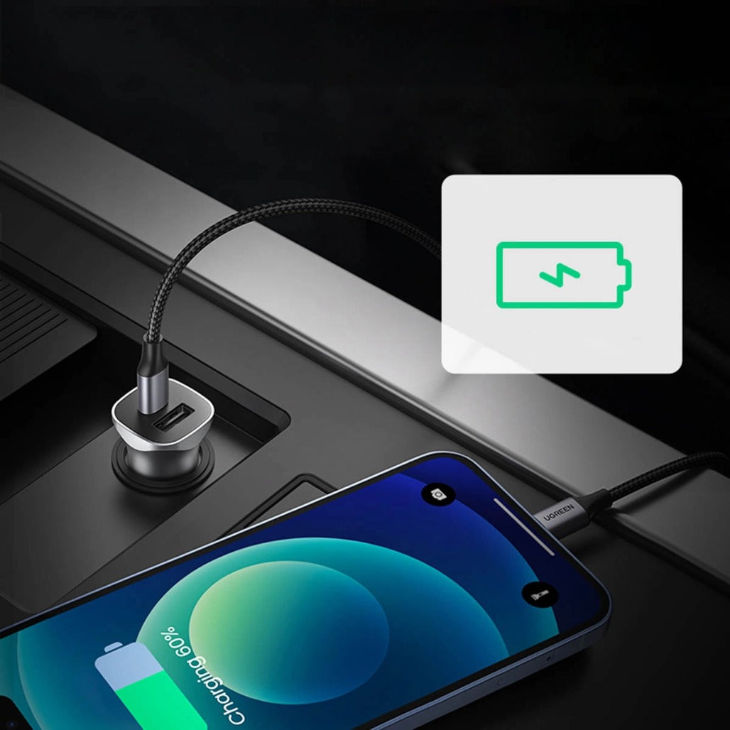 A Photo Of Ugreen 40858 30W USB C Car Charger Dual Port PD3.0 QC3.0 Fast Charging