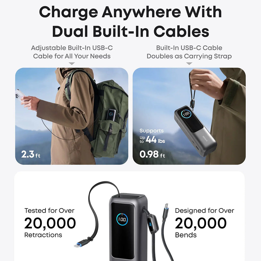 A Photo Of Anker Power Bank 25000mAh 165W Ultra-Fast Portable Charger with Retractable USB C Cables (Model A1695) - Dual Laptop Charging, 4 Device Support