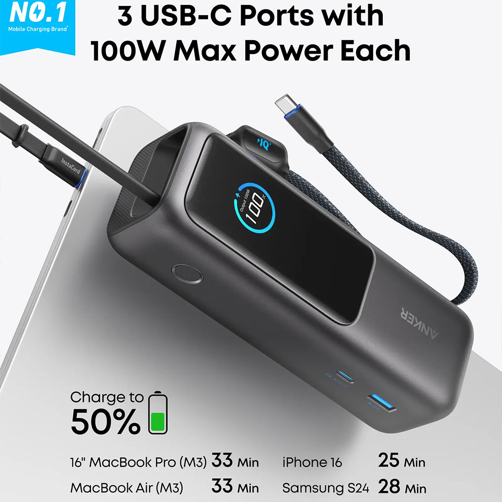 A Photo Of Anker Power Bank 25000mAh 165W Ultra-Fast Portable Charger with Retractable USB C Cables (Model A1695) - Dual Laptop Charging, 4 Device Support