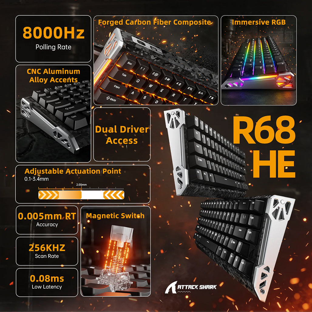 A Photo Of ATTACK SHARK R68 HE Carbon Fiber Rapid Trigger Keyboard – 60% Wired 8KHz Magnetic Gaming Keyboard
