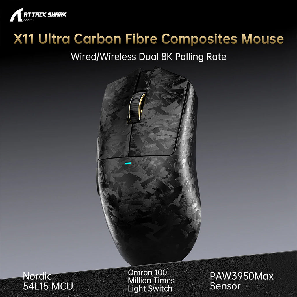 A Photo Of ATTACK SHARK X11 ULTRA Carbon Fiber Wireless 8K Gaming Mouse – 63g PAW3950MAX Esports Mouse