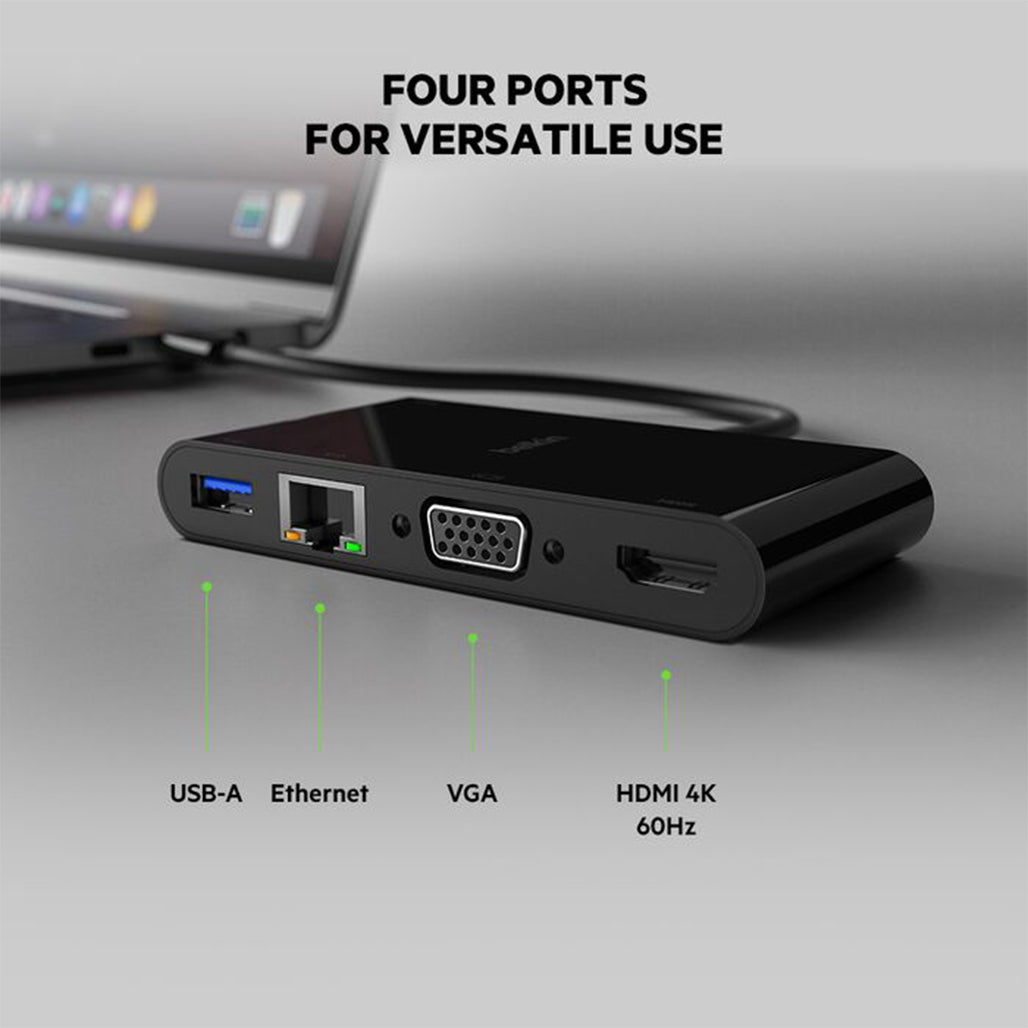 A Photo Of Belkin USB-C 4-in-1 Hub with 4K HDMI, VGA, Ethernet & USB-A – Universal Multiport Adapter for Mac & Windows