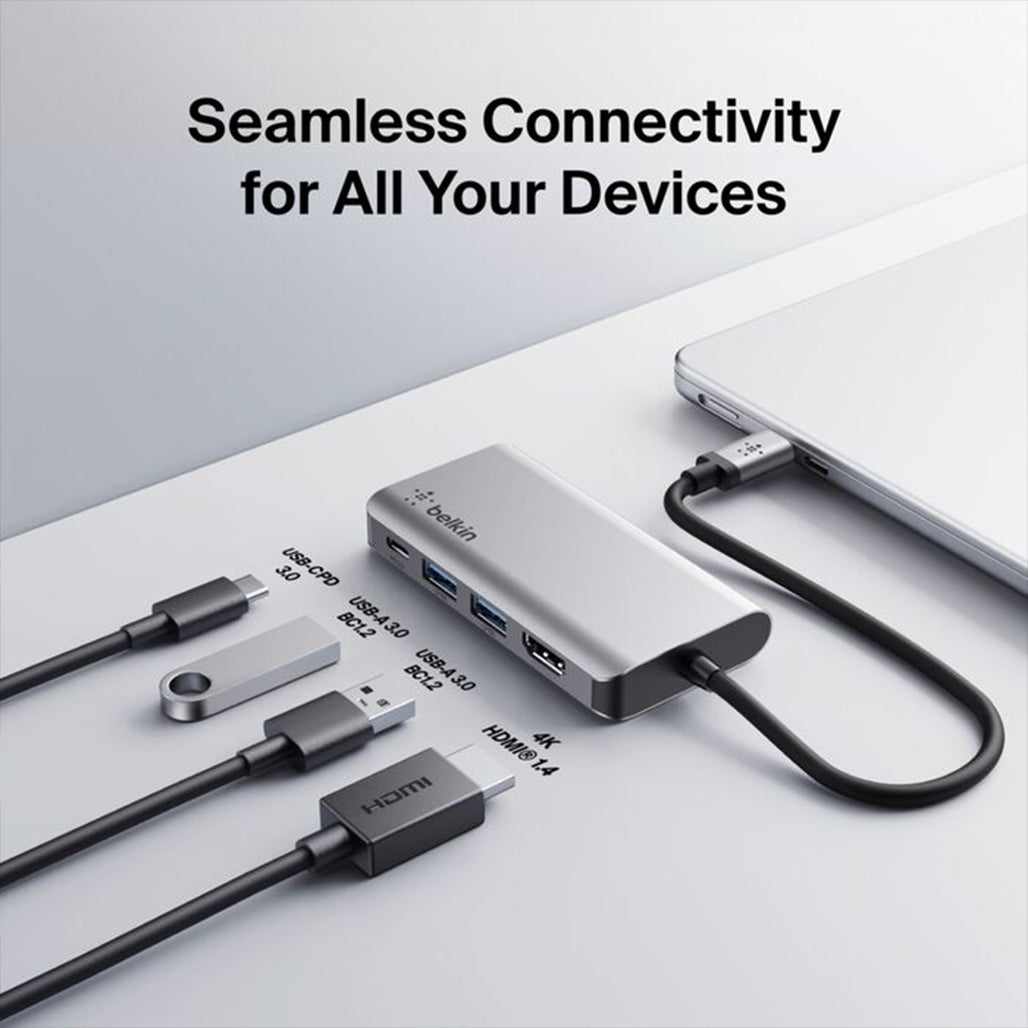 A Photo Of Belkin USB-C 4-in-1 Multiport Adapter with 100W PD, 4K HDMI, USB-A & Gigabit Ethernet – Compact & Travel-Friendly Hub