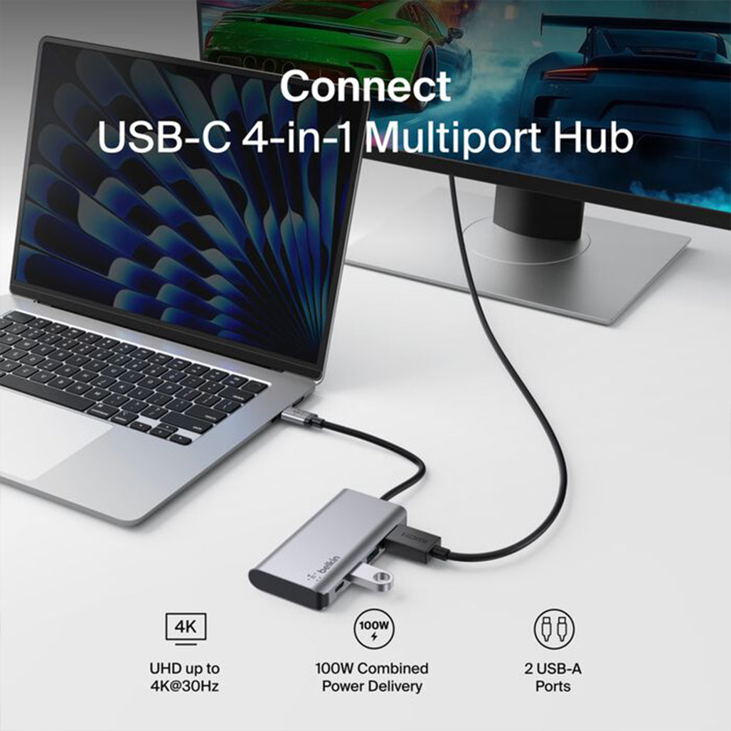 A Photo Of Belkin USB-C 4-in-1 Multiport Adapter with 100W PD, 4K HDMI, USB-A & Gigabit Ethernet – Compact & Travel-Friendly Hub