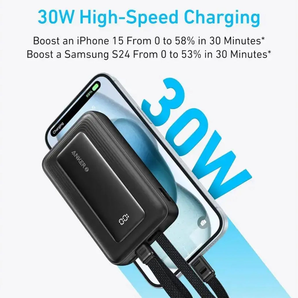 A Photo Of Anker Zolo 10000mAh Power Bank 30W Fast Charging with Built-in USB-C & Lightning Cables
