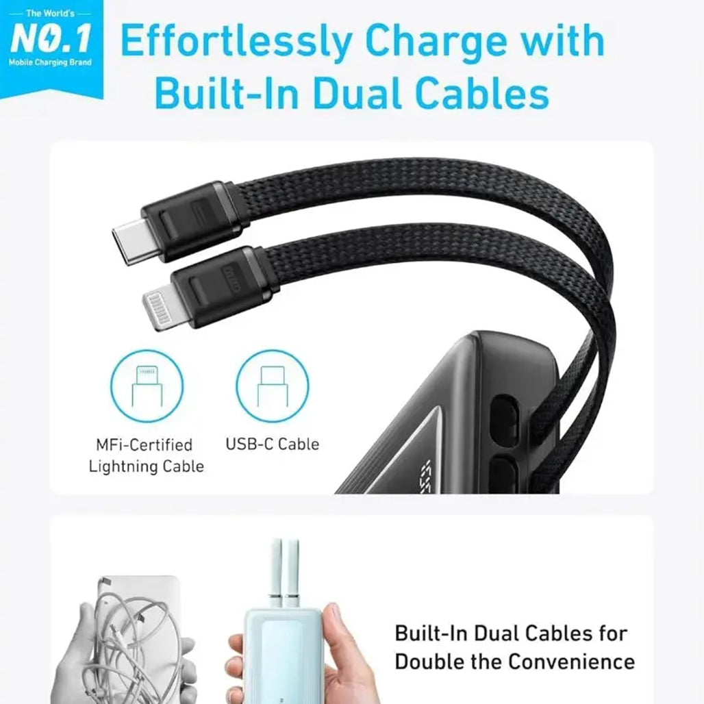 A Photo Of Anker Zolo 10000mAh Power Bank 30W Fast Charging with Built-in USB-C & Lightning Cables