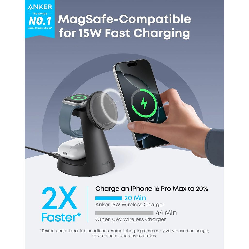 A Photo Of Anker MagGo 3-in-1 Wireless Charging Station with 15W MagSafe - B25M4G11