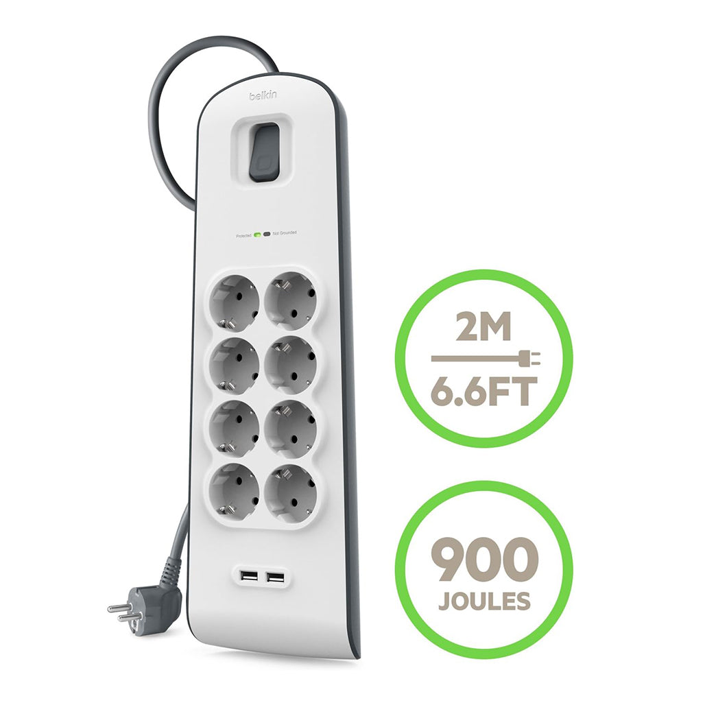 A Photo Of Belkin BSV804VF2M 8-Outlet Surge Protector with 2.4A USB Charging - 2M Cord, 900 Joules, 15,000A Spike Protection
