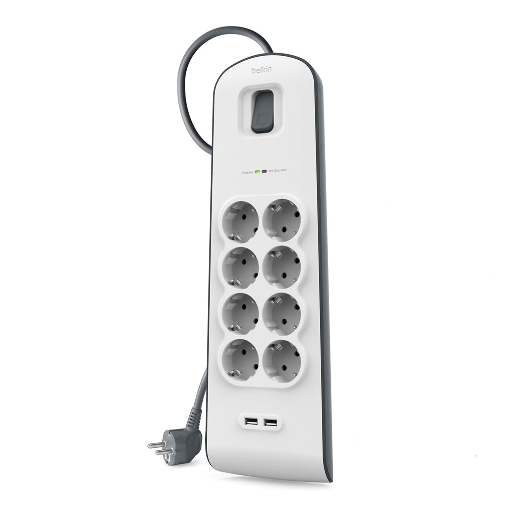 A Photo Of Belkin BSV804VF2M 8-Outlet Surge Protector with 2.4A USB Charging - 2M Cord, 900 Joules, 15,000A Spike Protection