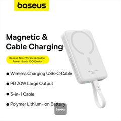 A Photo Of Baseus 10000mAh Magnetic Mini Wireless Power Bank 30W PD with Built-In USB-C Cable