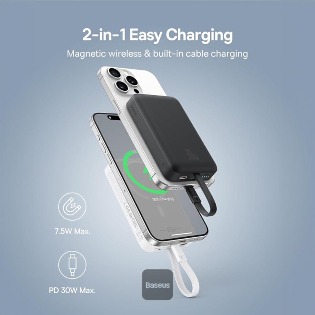 A Photo Of Baseus 10000mAh Magnetic Mini Wireless Power Bank 30W PD with Built-In USB-C Cable