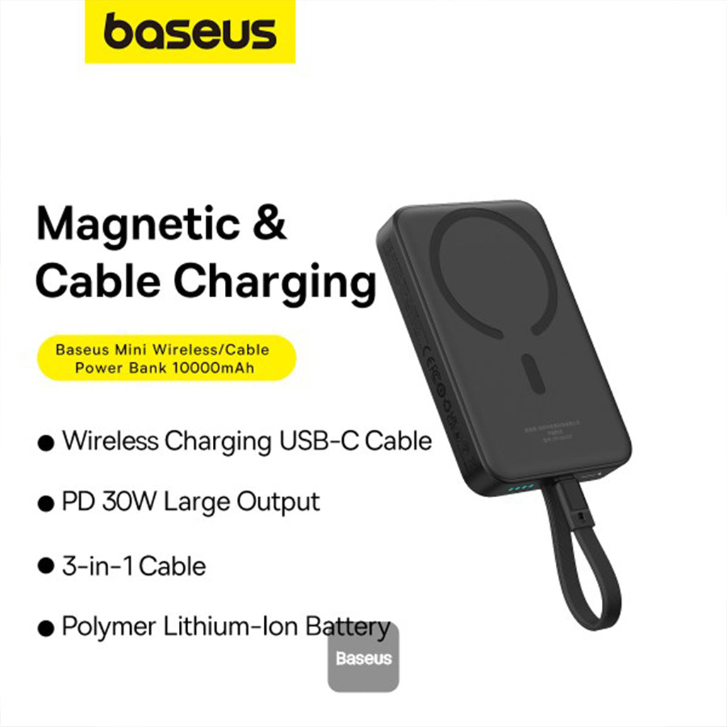 A Photo Of Baseus 10000mAh Magnetic Mini Wireless Power Bank 30W PD with Built-In USB-C Cable