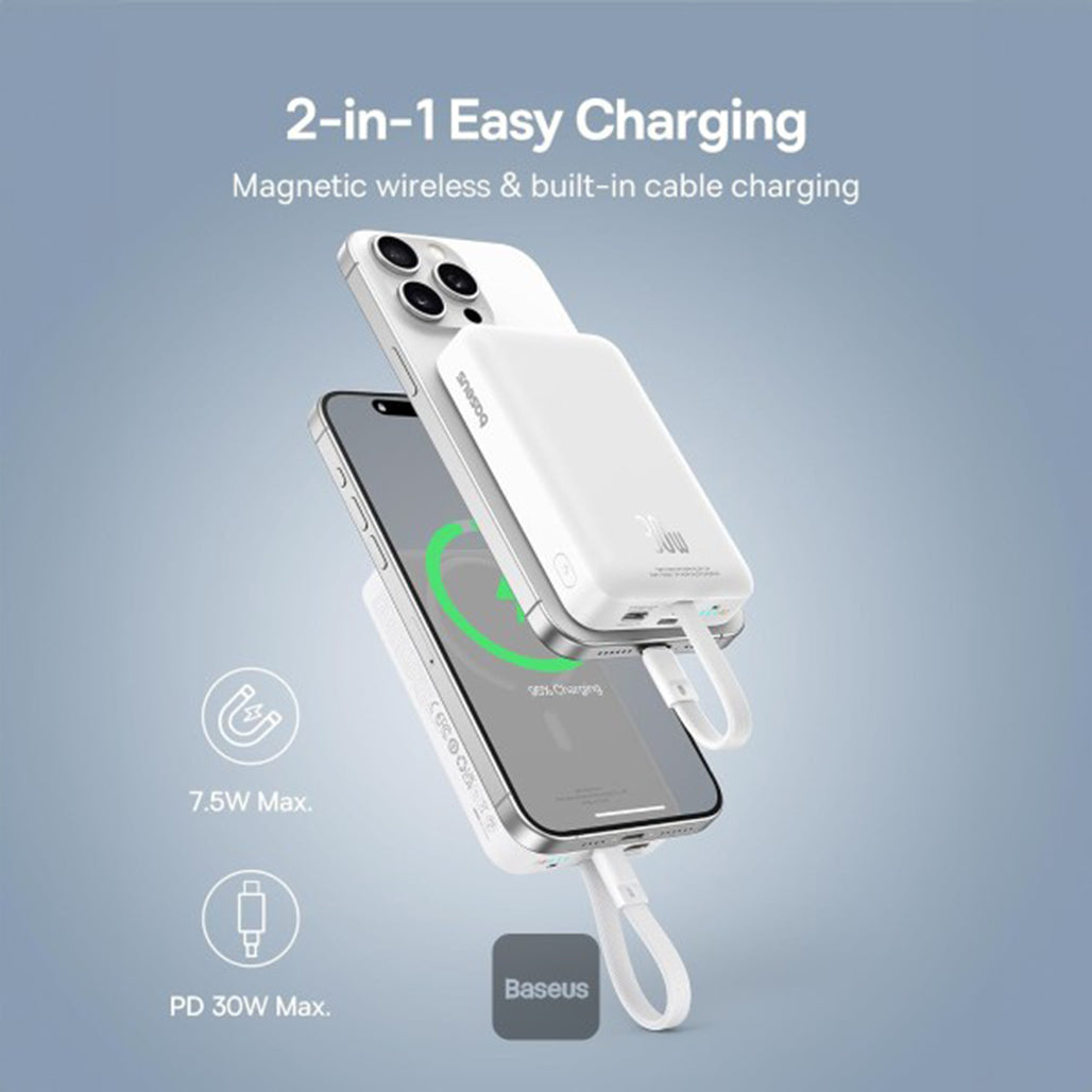 A Photo Of Baseus 10000mAh Magnetic Mini Wireless Power Bank 30W PD with Built-In USB-C Cable