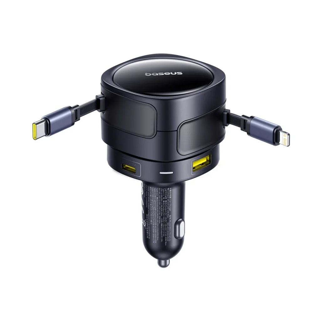 A Photo Of Baseus Enjoyment Max 90W Car Charger with Built-in USB-C & Lightning Cables