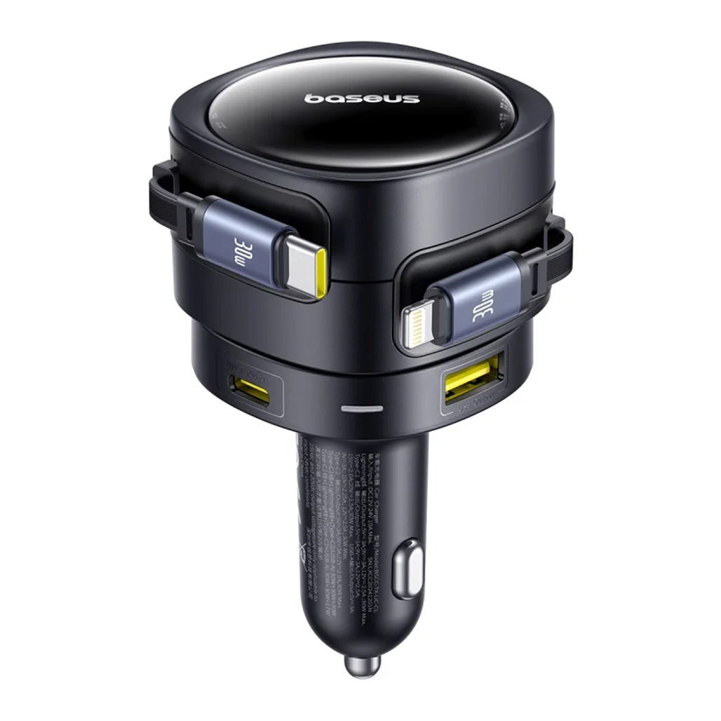 A Photo Of Baseus Enjoyment Max 90W Car Charger with Built-in USB-C & Lightning Cables