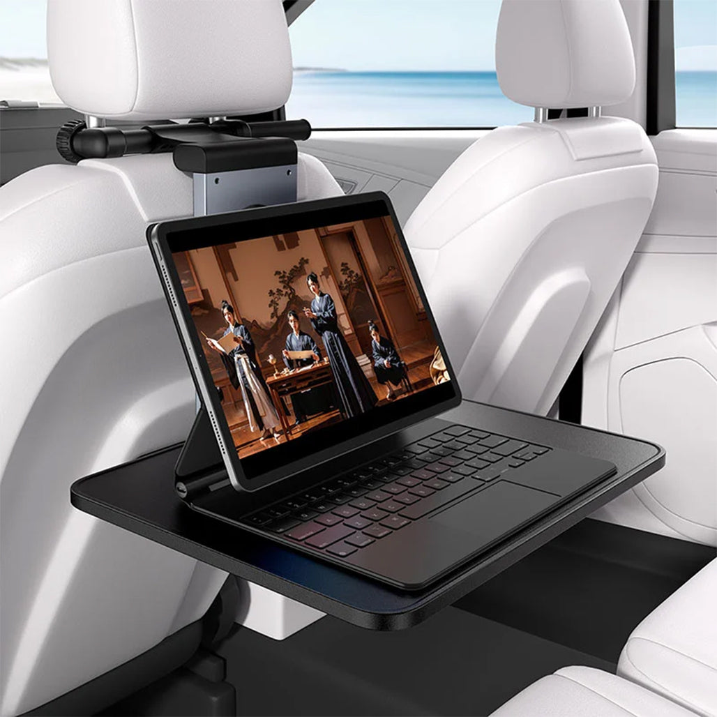 A Photo Of Baseus MagPro II Versatile Car Mount - Foldable Laptop Desk with 360° Rotatable Phone Holder, Adjustable Height, Easy Installation for Backseat Headrest, Black