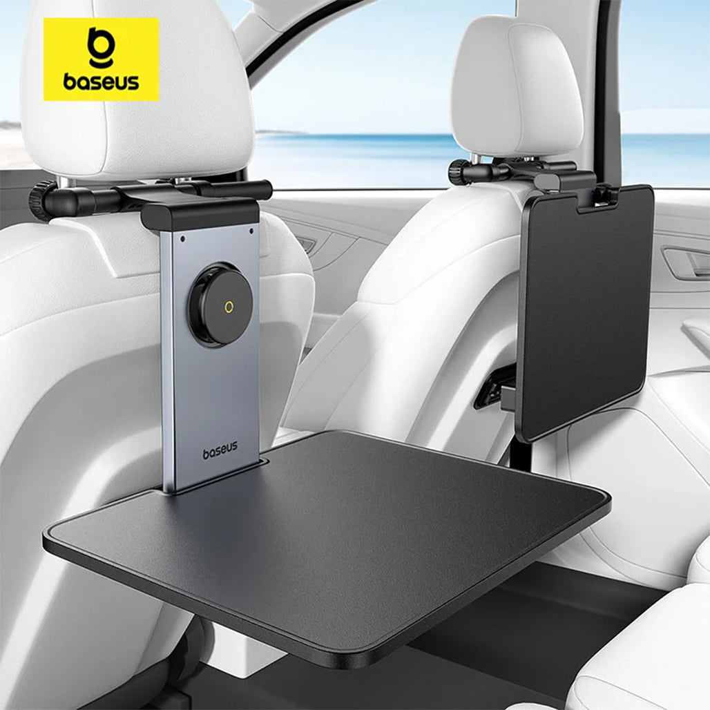 A Photo Of Baseus MagPro II Versatile Car Mount - Foldable Laptop Desk with 360° Rotatable Phone Holder, Adjustable Height, Easy Installation for Backseat Headrest, Black
