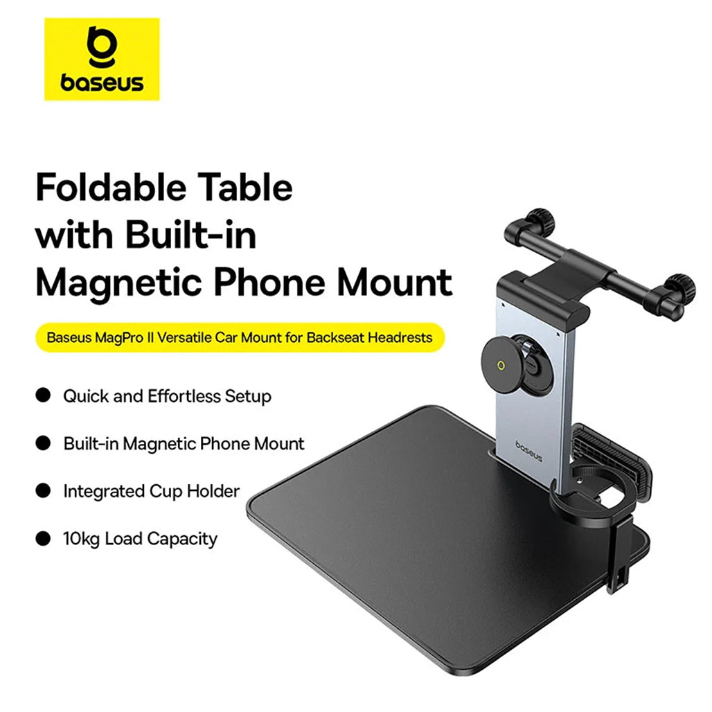 A Photo Of Baseus MagPro II Versatile Car Mount - Foldable Laptop Desk with 360° Rotatable Phone Holder, Adjustable Height, Easy Installation for Backseat Headrest, Black