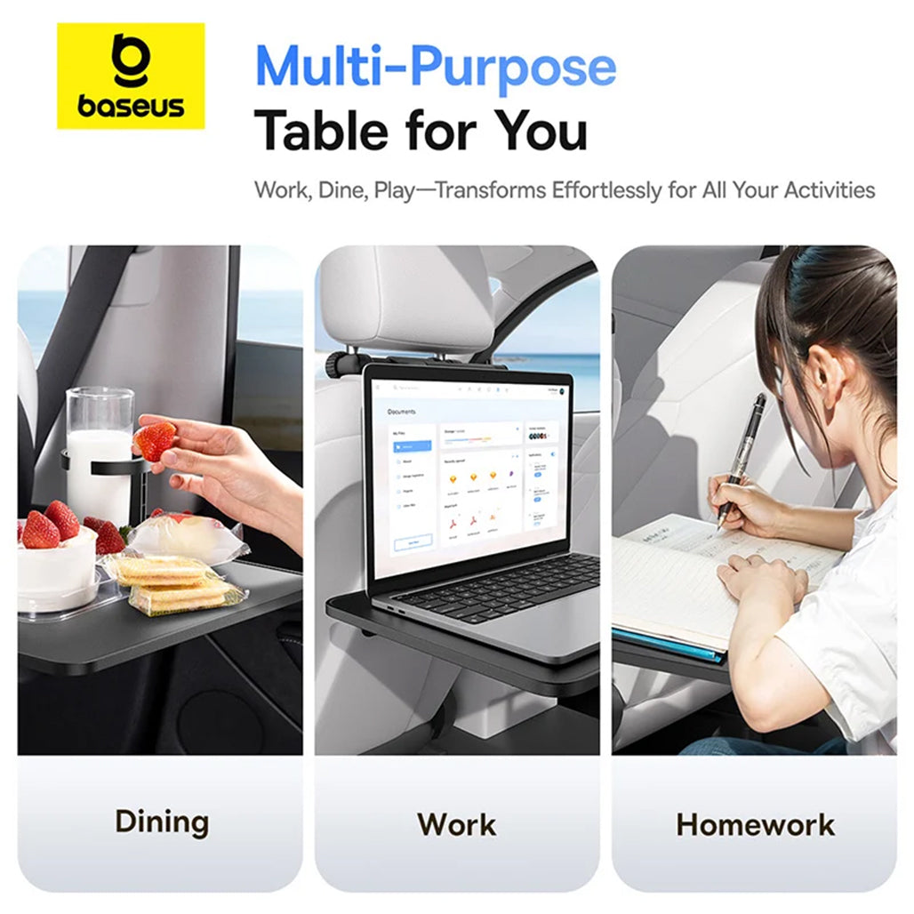 A Photo Of Baseus MagPro II Versatile Car Mount - Foldable Laptop Desk with 360° Rotatable Phone Holder, Adjustable Height, Easy Installation for Backseat Headrest, Black